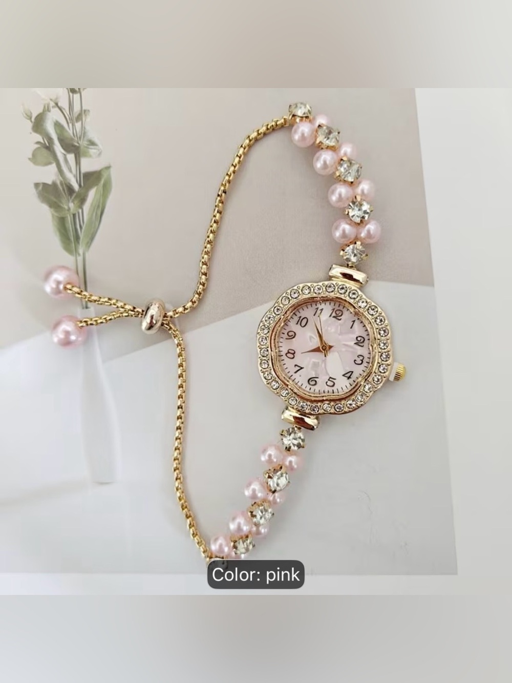 New 2026 French Gold-Tone Pink Pearl Crystal Bracelet Watch